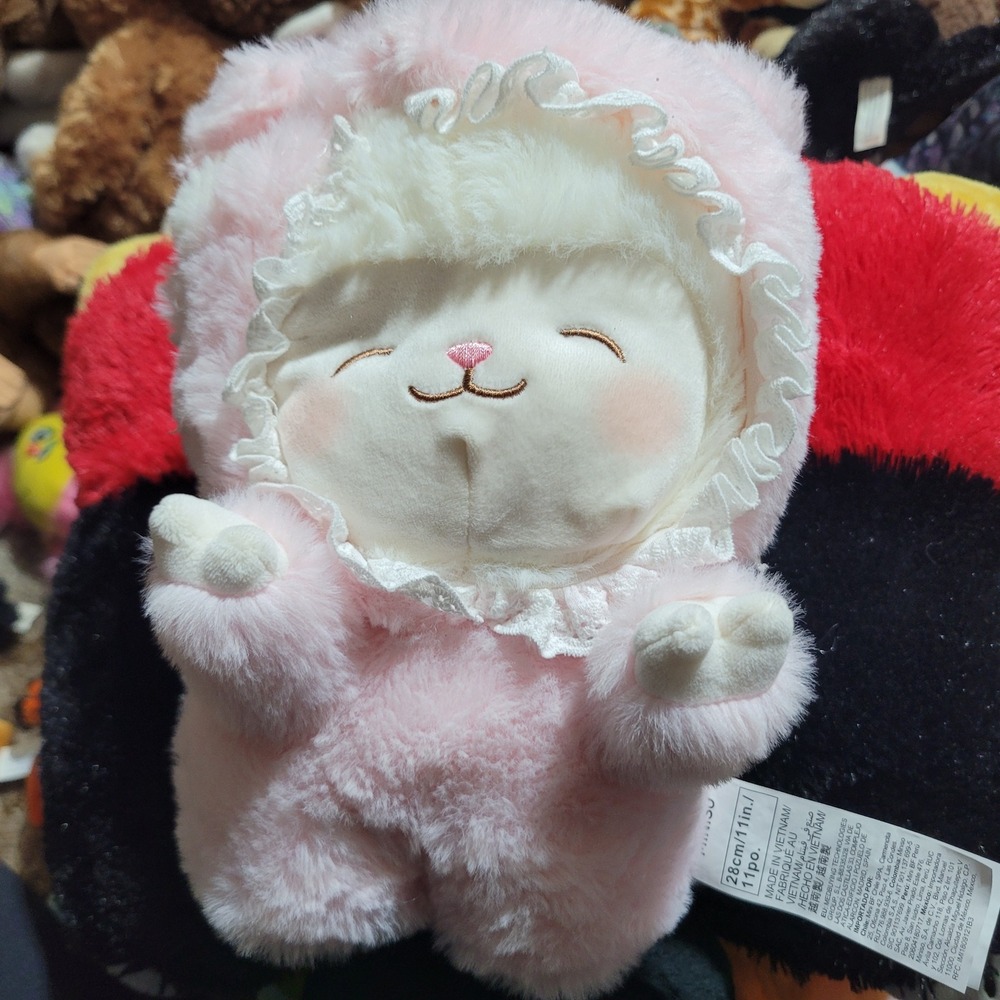 Miniso Pink Lamb Plush Stuffed Animal 11 Inch Sleeping Sheep Lace Hood Kawaii